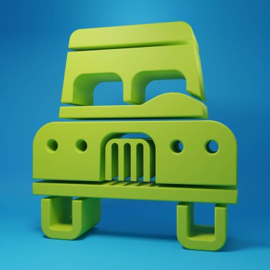 Mavi arkaplanda yeşil araba simgesi izole edildi. Ön manzara. Minimalizm kavramı. 3 Boyutlu resimleme.