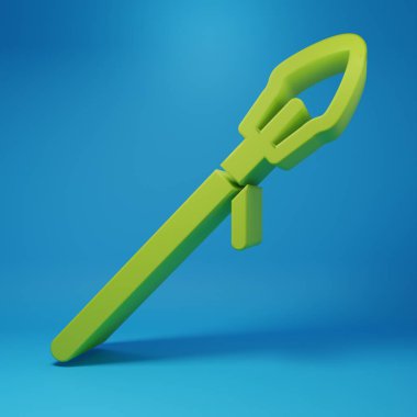 Mavi arka planda yeşil ortaçağ mızrak ikonu izole edildi. Ortaçağ silahı. Minimalizm kavramı. 3 Boyutlu resimleme.