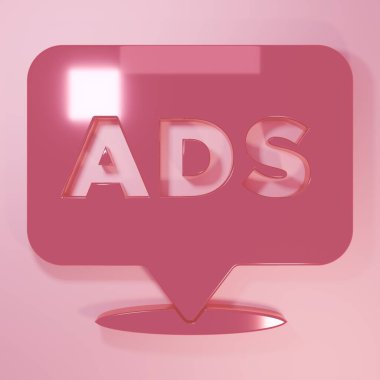 Pembe reklam simgesi pembe arkaplanda izole edilmiş. Pazarlama ve tanıtım süreci kavramı. İlgili reklamlar. Sosyal medya reklamcılığı. Minimalizm kavramı. 3 Boyutlu resimleme.