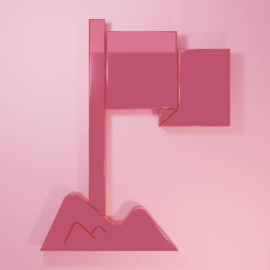 Pembe Bayrak simgesi pembe arkaplanda izole edilmiş. Yer belirleyici sembol. Minimalizm kavramı. 3 Boyutlu resimleme.