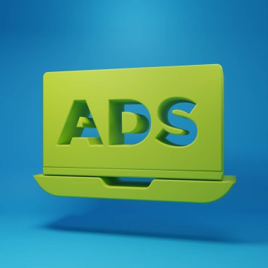 Mavi arkaplanda yeşil reklam simgesi izole edildi. Pazarlama ve tanıtım süreci kavramı. İlgili reklamlar. Sosyal medya reklamcılığı. Minimalizm kavramı. 3 Boyutlu resimleme.