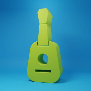 Mavi arkaplanda yeşil gitar simgesi izole edildi. Akustik gitar. Telli müzik aleti. Minimalizm kavramı. 3 Boyutlu resimleme.