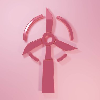 Pembe Rüzgar türbini ikonu pembe arka planda izole edilmiş. Rüzgar jeneratörü işareti. Elektrik üretimi için yel değirmeni. Minimalizm kavramı. 3 Boyutlu resimleme.