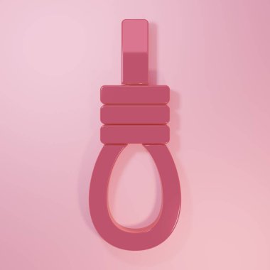 Pink Gallows rope loop hanging icon isolated on pink background. Rope tied into noose. Suicide, hanging or lynching. Minimalism concept. 3D render illustration.