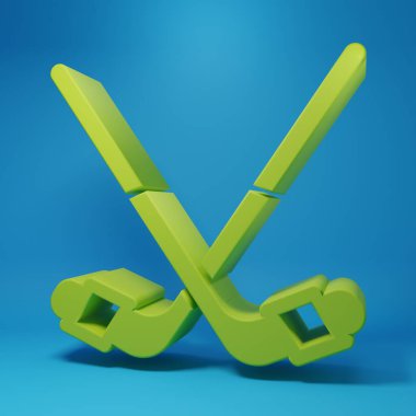Yeşil buz hokeyi sopaları mavi arka planda izole edilmiş. Minimalizm kavramı. 3 Boyutlu resimleme.