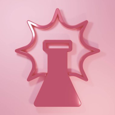 Pembe Kimya deneyi, pembe arka planda izole edilmiş şişe ikonundaki patlama. Test tüpünde kimyasal patlama. Minimalizm kavramı. 3 Boyutlu resimleme.