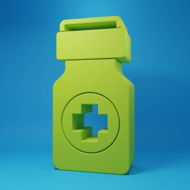 Green Medicine bottle and pills icon isolated on blue background. Bottle pill sign. Pharmacy design. Minimalism concept. 3D render illustration.