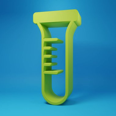 Green Test tube and flask chemical laboratory test icon isolated on blue background. Laboratory glassware sign. Minimalism concept. 3D render illustration.