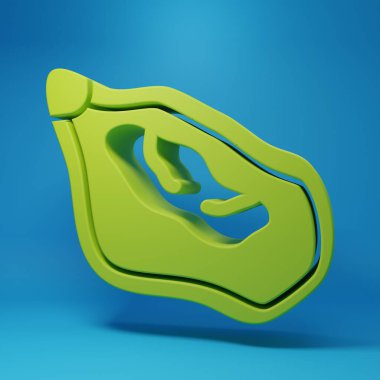 Mavi arkaplanda yeşil midye simgesi izole edildi. Taze deniz ürünleri. Minimalizm kavramı. 3 Boyutlu resimleme.