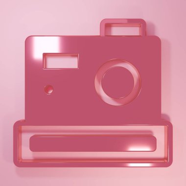 Pembe fotoğraf makinesi simgesi pembe arkaplanda izole edilmiş. Foto kamera. Dijital fotoğrafçılık. Minimalizm kavramı. 3 Boyutlu resimleme.
