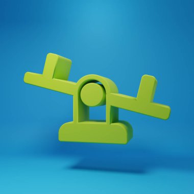 Yeşil Tahterevalli simgesi mavi arkaplanda izole edildi. Tahterevalli eşit yönetim kurulu. Oyun alanı sembolü. Minimalizm kavramı. 3 Boyutlu resimleme.