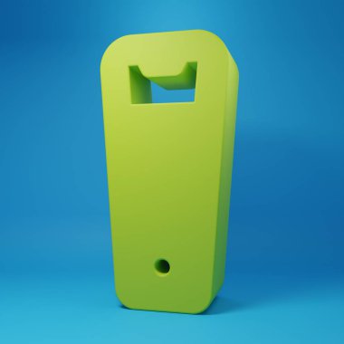 Mavi arkaplanda yeşil şişe açma simgesi izole edildi. Minimalizm kavramı. 3 Boyutlu resimleme.