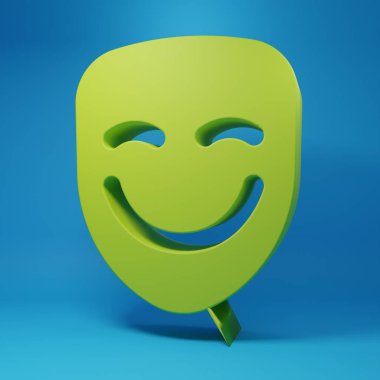 Green Comedy theatrical mask icon isolated on blue background. Minimalism concept. 3D render illustration.