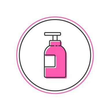 Beyaz arka planda el dezenfektanı ikonu var. Dezenfeksiyon konsepti. Yıkama jeli. Hijyen için alkol şişesi. Vektör.