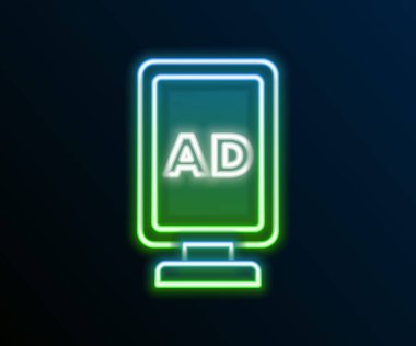 Parlayan neon hattı reklam simgesi siyah arkaplanda izole edildi. Pazarlama ve tanıtım süreci kavramı. İlgili reklamlar. Sosyal medya reklamcılığı. Renkli taslak konsepti. Vektör.