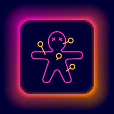 Glowing neon line Voodoo doll icon isolated on black background. Happy Halloween party. Colorful outline concept. Vector.
