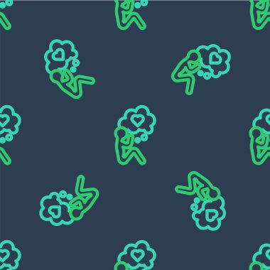 Kalp ikonuna sahip çizgi insan kafası mavi arka planda izole edilmiş kusursuz desen. İnsan kafasıyla aşk kavramı. Vektör.