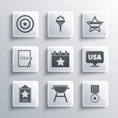 Yıldız ABD Bağımsızlık Günü takvimi ile barbekü madalyasını grafik tablet Amerikan kalkanı ve ikonu üzerinde 4 Temmuz 'a ayarla. Vektör.