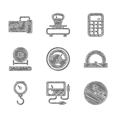 Hız ölçer Multimetre Voltmetre Yarıçapı Protektör El ölçekli yay mekanik çapı hesaplayıcısı ve ölçüm aracı simgesini ayarla. Vektör.