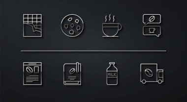 Çikolata çubuğu gazete ve kahve sohbet şişesi sütlü kurabiye ya da bisküvi sokak kamyon makinesi ve bardak ikonu. Vektör.