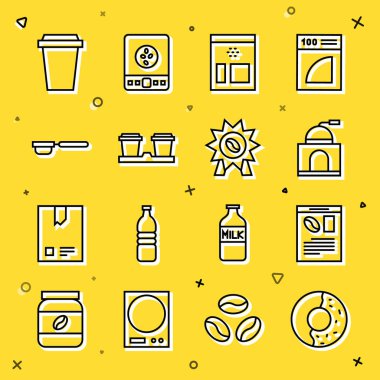 Tatlı jöleli Donut ve kahve öğütücü el değirmeni kahve fincanı, filtre tutacağı ve ikon için madalya ayarlayın. Vektör.