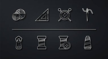 İplik dikmek için ip yumağı fermuarı iğnesi, düğmeli cetvel ve örgü iğneleri ikonu hazırlayın. Vektör.