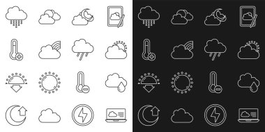 Meteoroloji termometresi ve ikonu olan bulutlu ve bulutlu hava tahminlerini ayarlayın. Vektör.