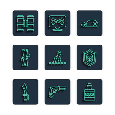 Pirate kılıç Vintage tabancalar Alkol içecek Rum bandana kafa şişesi mesaj su fermanı parşömen tomarı dürbün ve Kalkan korsan kafatası ikonu. Vektör.