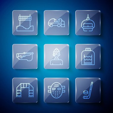 Kış eşarbı eşarp maskeli hokey hokey hokeyi sopası ve disk kaldırma sporcusu Biatlon tüfek kurdelesi bitiş çizgisi ve Noel süveteri ikonu. Vektör.