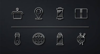 Hanger gardırobu Fermuar Tekstil rulosu dikiş ipliğini dikiş iğneleri ve ikonlu deri iplik topuna kur. Vektör.