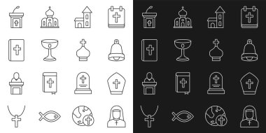 Kilise çanı Hıristiyan Kadehi 'nin kutsal kitap vaazı Tribünü ve kilise kulesi ikonu. Vektör.