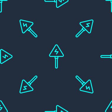 Yeşil çizgi yüksek gerilim işareti simgesi mavi arka planda izole edilmiş pürüzsüz desen. Tehlike sembolü. Üçgendeki ok. Uyarı simgesi. Vektör.