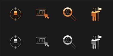 Arama için kafa avlama büyüteçlerini ve bayrak simgesi tutan adamı ayarla. Vektör.