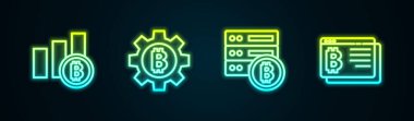 Satır Çizgisi Çizelgesi Infographic Bitcoin, Cryptocurrency Bitcoin, Sunucu ve tarayıcı ayarlayın. Parlayan neon ikonu. Vektör.