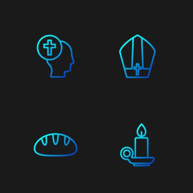 Hristiyan ekmek rahibi ve Papa şapkasıyla mum yakmak için sıraya girin. Renk simgeleri. Vektör.