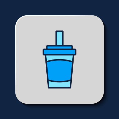 Kağıt bardakla doldurulmuş, mavi arka planda izole edilmiş saman ve su ikonu var. Soda bardağı. Taze soğuk içecek sembolü. Vektör.