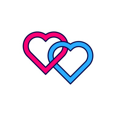 Filled outline Two Linked Hearts icon isolated on white background. Romantic symbol linked, join, passion and wedding. Valentine day.  Vector.