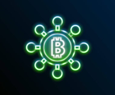 Parlayan neon hattı Blockchain teknolojisi Bitcoin simgesi siyah arkaplanda izole edildi. Soyut geometrik blok zincir ağ teknolojisi işi. Renkli taslak konsepti. Vektör.