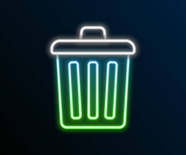 Parlayan neon hattı Çöp kutusu simgesi siyah arkaplanda izole edildi. Çöp kutusu tabelası. Sepet simgesini geri dönüştür. Ofis çöpü ikonu. Renkli taslak konsepti. Vektör.