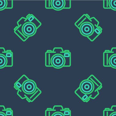Çizgi fotoğraf makinesi simgesi mavi arkaplanda kusursuz desen izole etti. Foto kamera. Dijital fotoğrafçılık. Vektör.