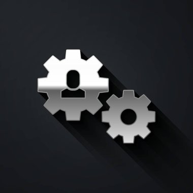 Siyah arka planda izole edilmiş ikonu olan gümüş insan. Yapay zeka. Beyin işaretini düşünüyorum. Beynin sembol çalışması. Uzun gölge tarzı. Vektör.