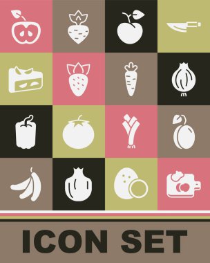 Sebzeli kesme tahtası, erik meyveli sarımsaklı şeftali veya nektarin çilekli ev yapımı elmalı turta ve havuç ikonu. Vektör.