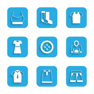 Giysiler için dikiş düğmesini ayarlayın. Etek şortlu, kapüşonlu, kadın tişörtlü, tişörtlü ve kadın ürünleri ikonu. Vektör.