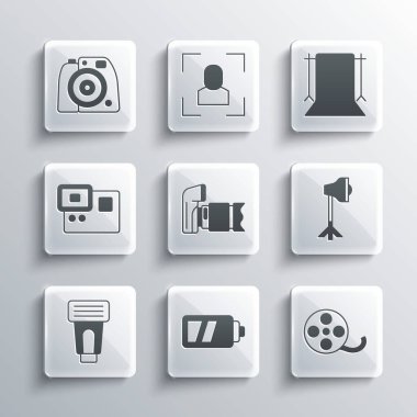 Kamera Film Stüdyosu ampulü için Bataryayı Softbox Photo flash Action ekstrem ve Boş fotoğraf stüdyosu simgesine ayarla. Vektör.