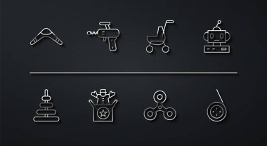 Çizgi Bumerang Piramit oyuncak Robot Fidget fırıldağı Jack kutucuk ışın tabancası Yoyo ve bebek arabası ikonu. Vektör.