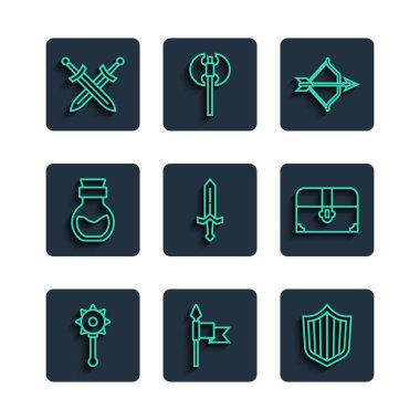 Ortaçağ zincirli gürz topu mızrak kalkanı yayı ve ok kılıcı zehir şişesi ortaçağ ve antik hazine sandığı ikonu. Vektör.