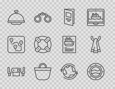 Poker masası penceresini deniz manzaralı Brochure Beach çanta kaplı Lifebuoy tepsisi ve havluyla donatın. Vektör.