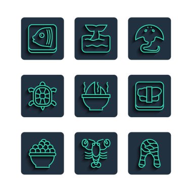 Havyar Istakoz Bifteği Stingray Shark yüzgeci çorbası Kaplumbağa kafası ve tahta kesme ikonunda Suşi. Vektör.