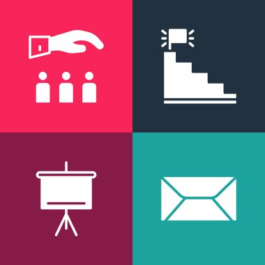 Pop Art Envelope, Chalkboard, bitiş bayrağıyla merdiven ve patron çalışan simgesini ayarlayın. Vektör.