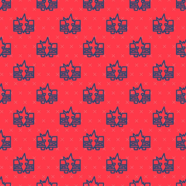 Mavi çizgi araba kazası ikonu kırmızı arka planda izole edilmiş. Sigorta konsepti. İki arabanın karıştığı bir araba kazası. Vektör.